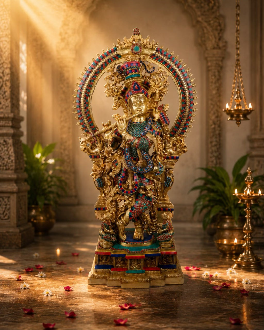 Brass Krishna Statue 32” Premium with Stone Inlay | Janmashtami Temple Murti