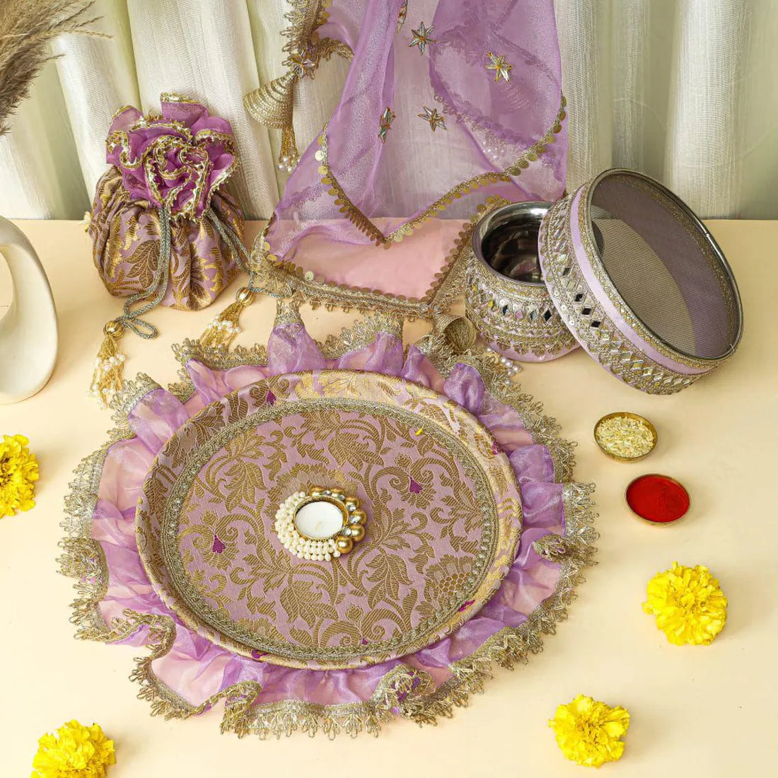Fabric Karwa Thali Set 12 Inch Frill 1