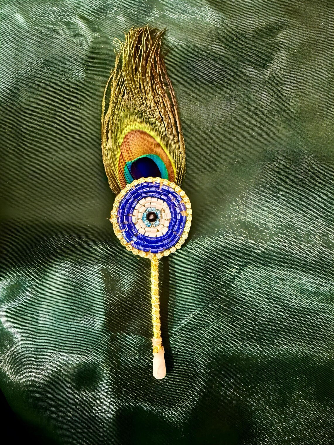 Evil Eye Haldi Kumkum Tilak Stick with Beads Peacock Feather