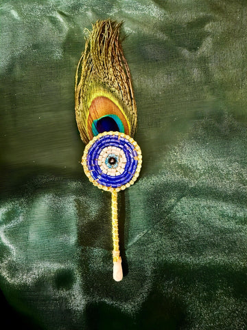 Evil Eye Haldi Kumkum Tilak Stick with Beads Peacock Feather
