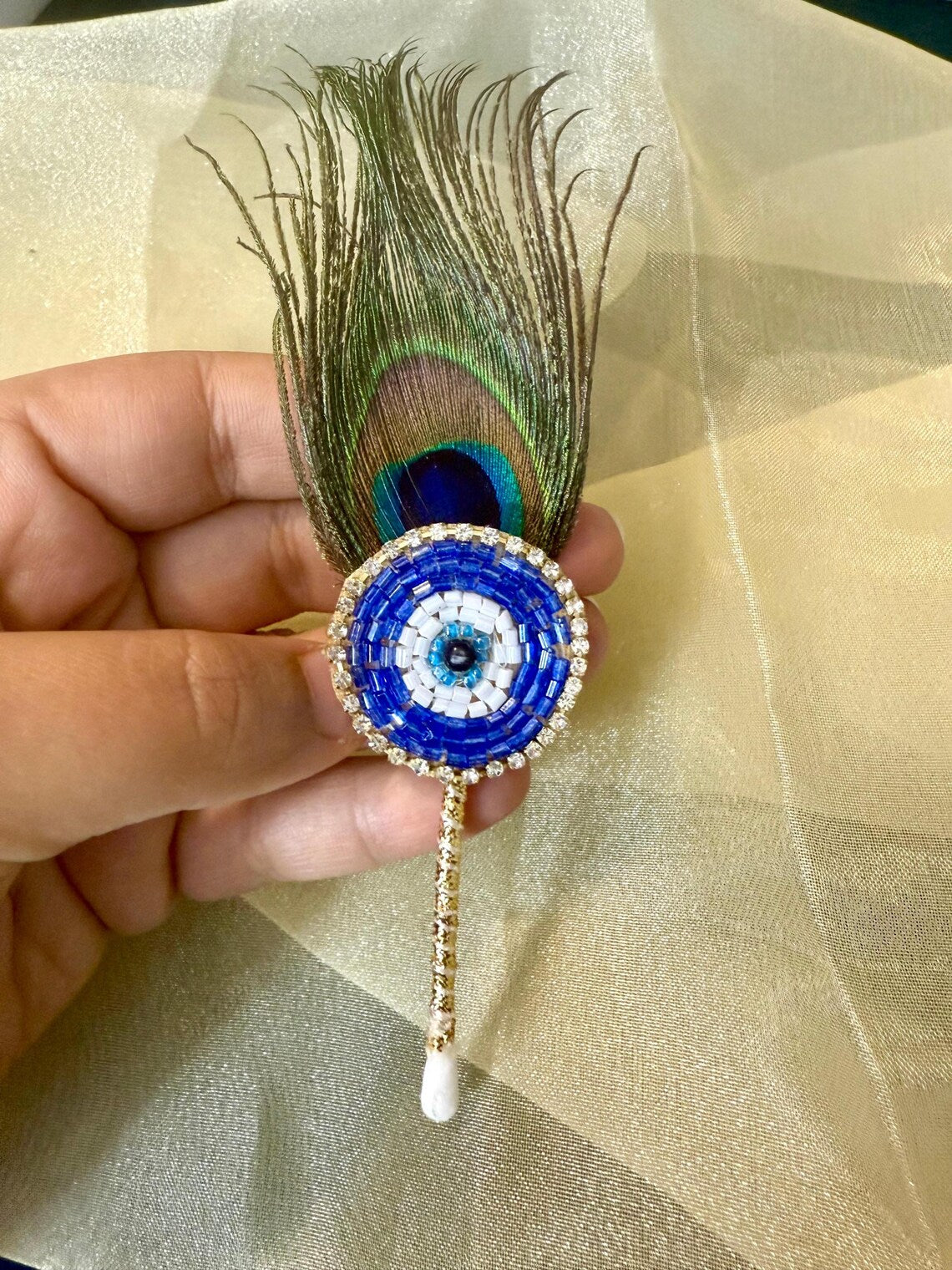 Evil Eye Haldi Kumkum Tilak Stick with Beads Peacock Feather