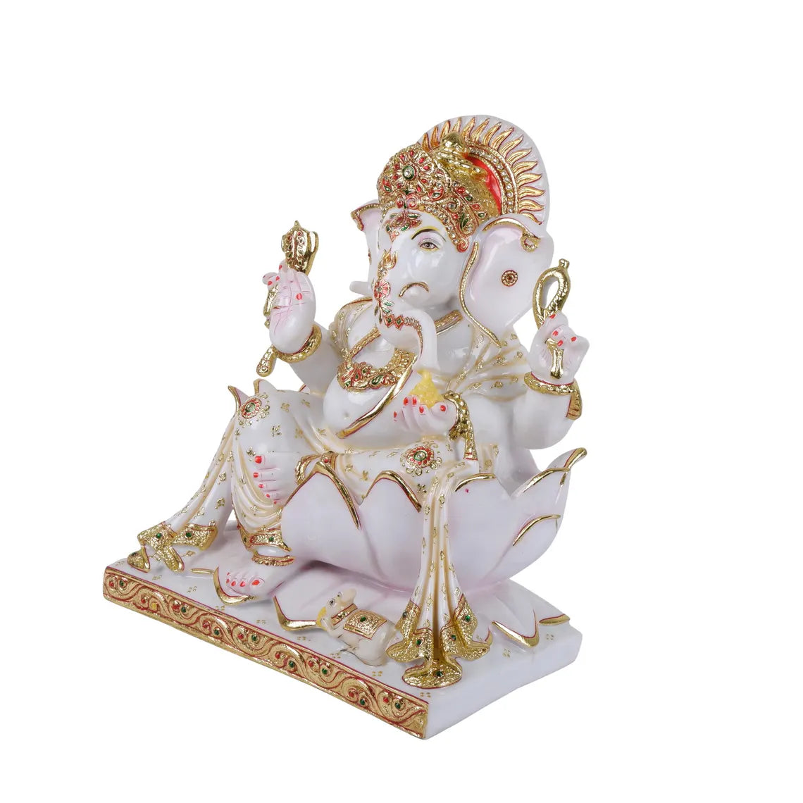 Ganesha Statue 17 Inch Pure Makrana Cultured Marble with Meena Work