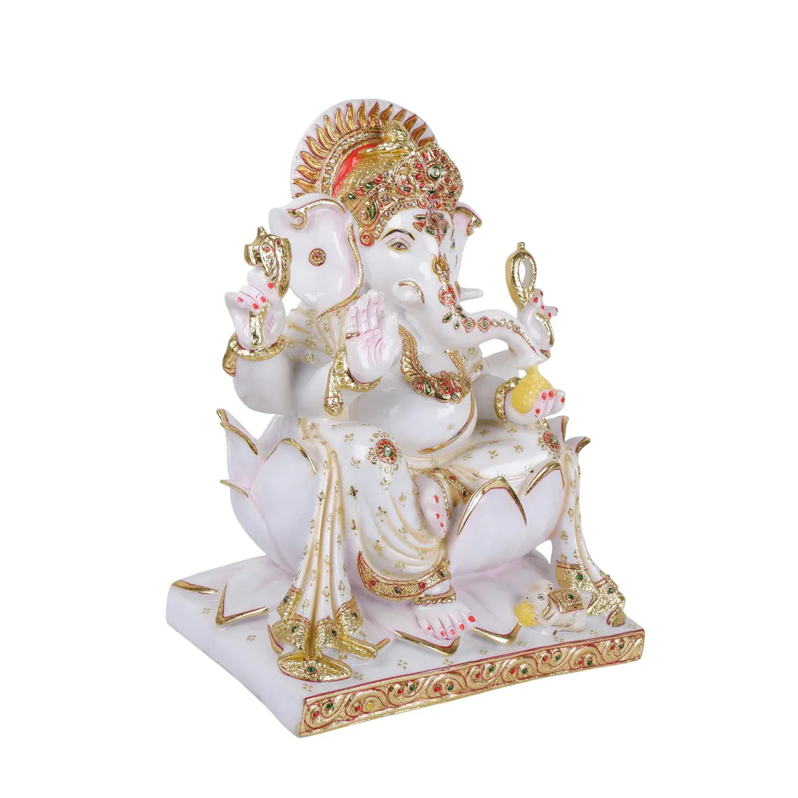 Ganesha Statue 17 Inch Pure Makrana Cultured Marble with Meena Work