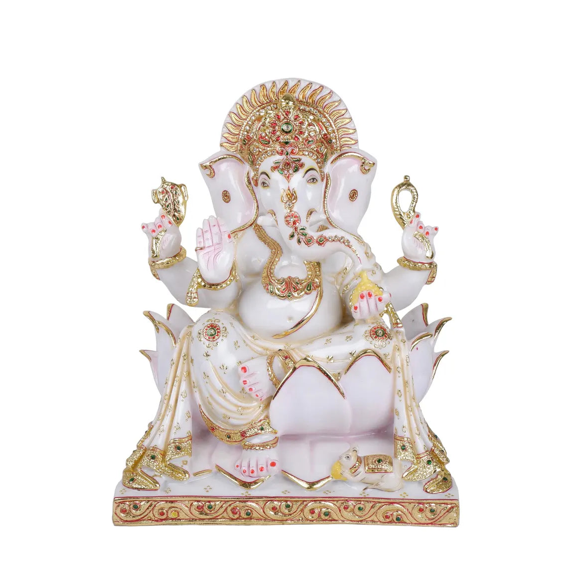 Ganesha Statue 17 Inch Pure Makrana Cultured Marble with Meena Work