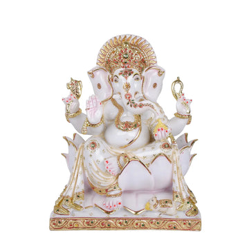 Ganesha Statue 17 Inch Pure Makrana Cultured Marble with Meena Work