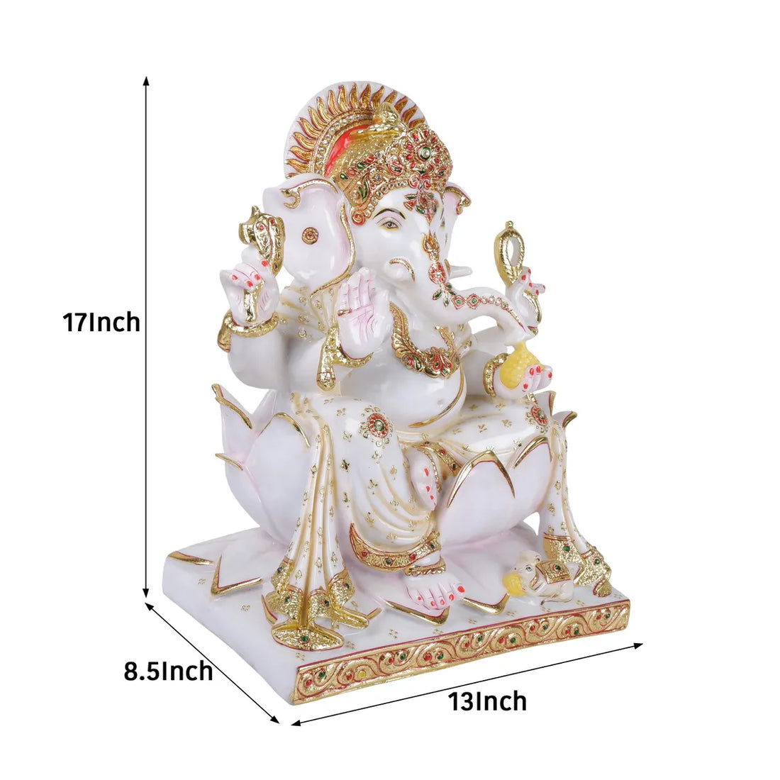 Ganesha Statue 17 Inch Pure Makrana Cultured Marble with Meena Work