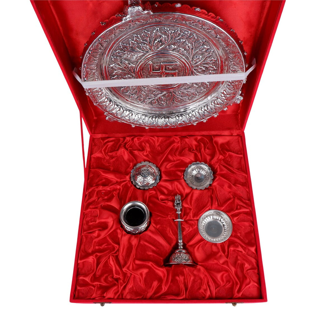 10" German Silver Pooja Thali Set with Ghungroo 6 PC Puja Thali
